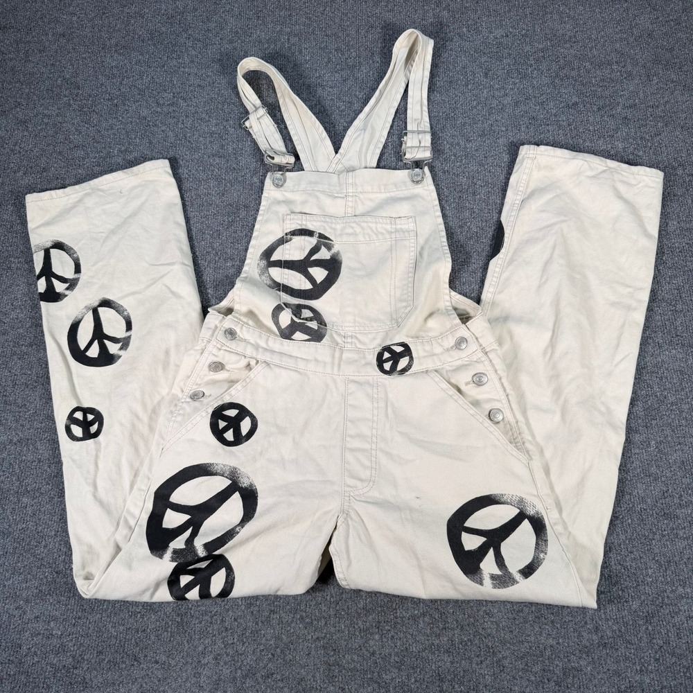 Free People We The Free Peace Sign Overalls Cream Denim Bib XS